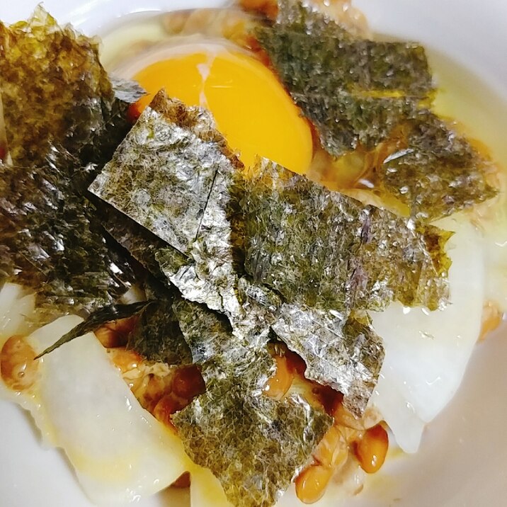 大根の甘酢漬け　卵　海苔　納豆ご飯